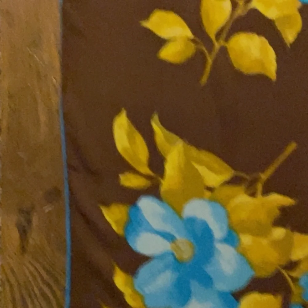 Vibrant Brown Chiffon Scarf Blue and Yellow Floral Hand-Rolled Edges